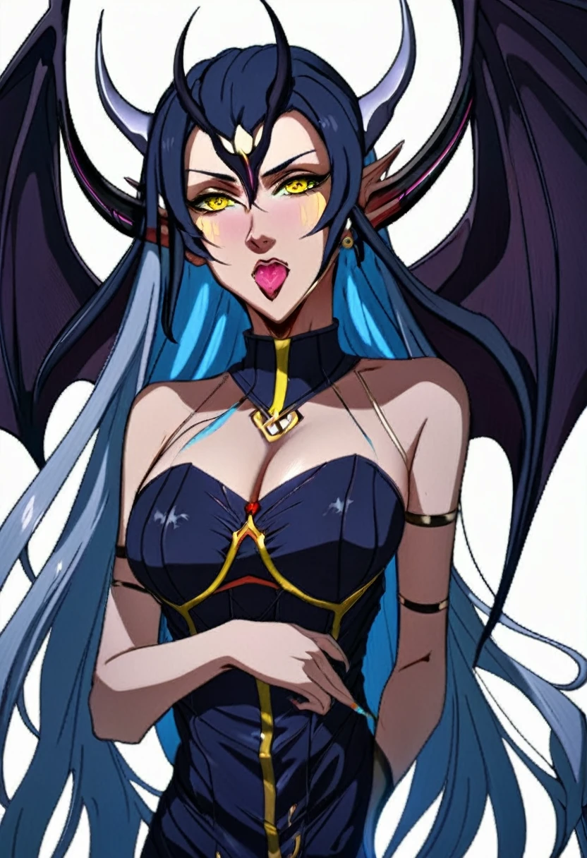 photo(portrait, from the front, close up, facing camera) of a woman(solo, succubus, long wavy hair, dark blue hair, light blue skin, androgynous face, yellow eyes, thin lips, four silver horns, Inhuman, Irresistible, Menacing, Violent), hentai game, anime, best quality, masterpiece, maximum detail, high resolution
