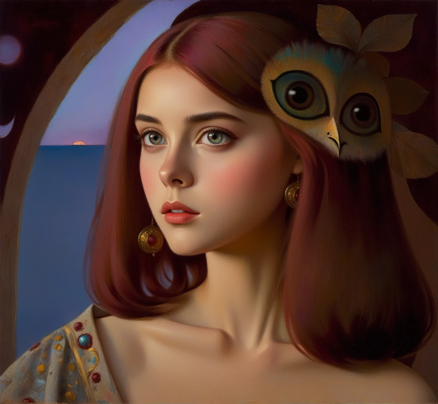 [(front portrait: pretty  girl  with big eyes and a short red bob)((Mordecai-Ardon style)))::20]/[background:landscape
 Baroque (moonlight sunset), style Rafael Santi], naive art, primitivism, protogen, crimson/liliac, very colorful,((oil painting)),((masterpiece)),single shot