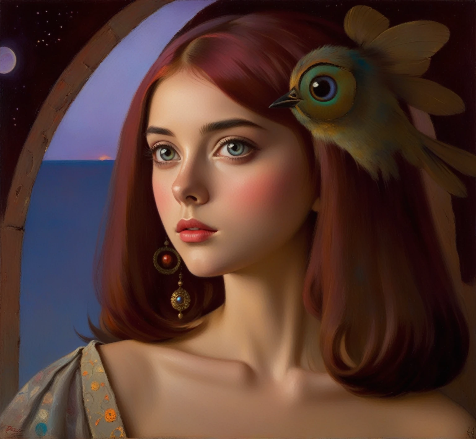 [(front portrait: pretty teen girl  with big eyes and a short red bob)((Mordecai-Ardon style)))::20]/[background:landscape
 Baroque (moonlight sunset), style Rafael Santi], naive art, primitivism, protogen, crimson/liliac, very colorful,((oil painting)),((masterpiece)),single shot