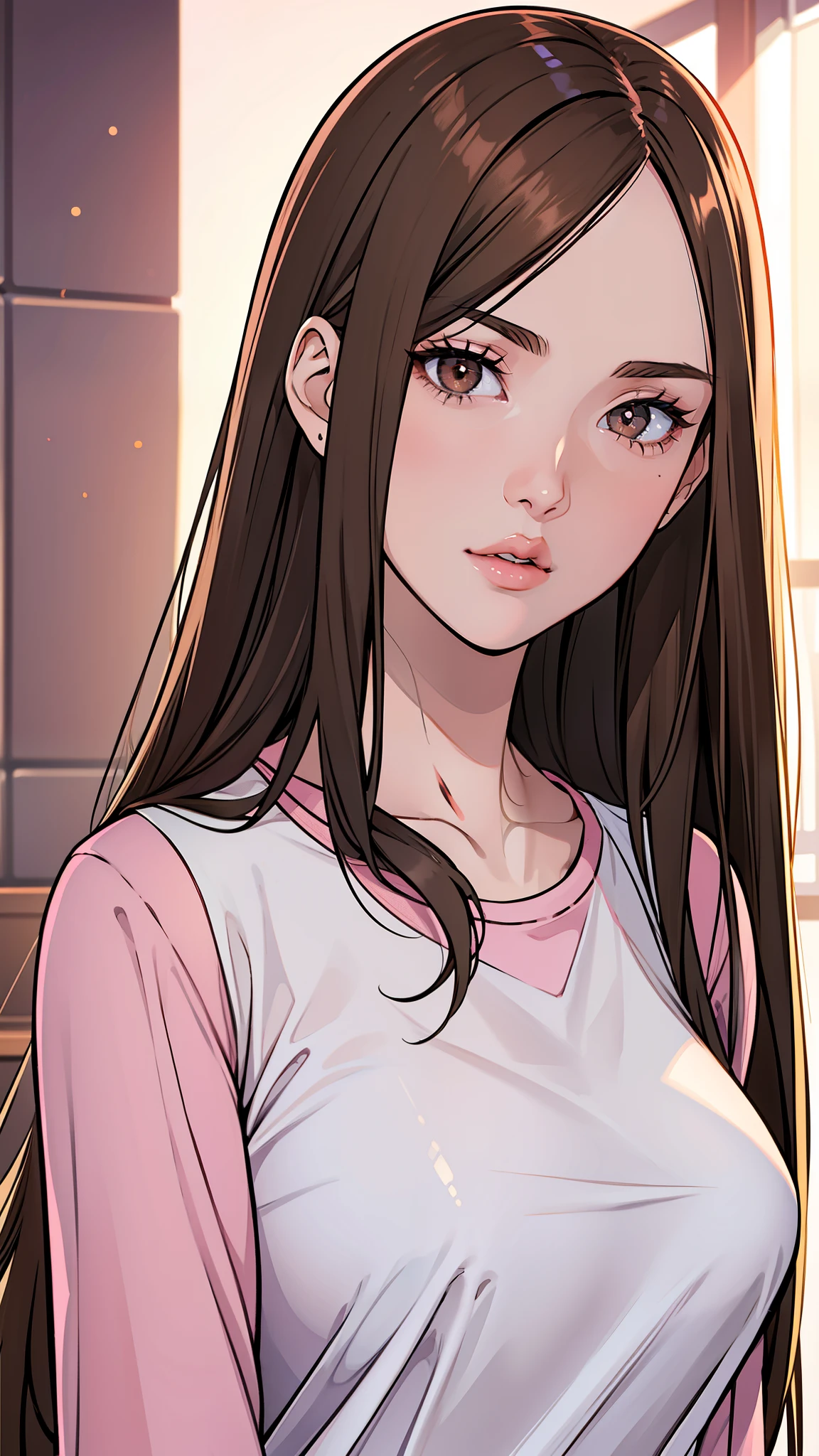 Girl, long straight brown hair, brown eyes, sharp features, white skin, bright pink lips, perfect, t-shirt, jacket