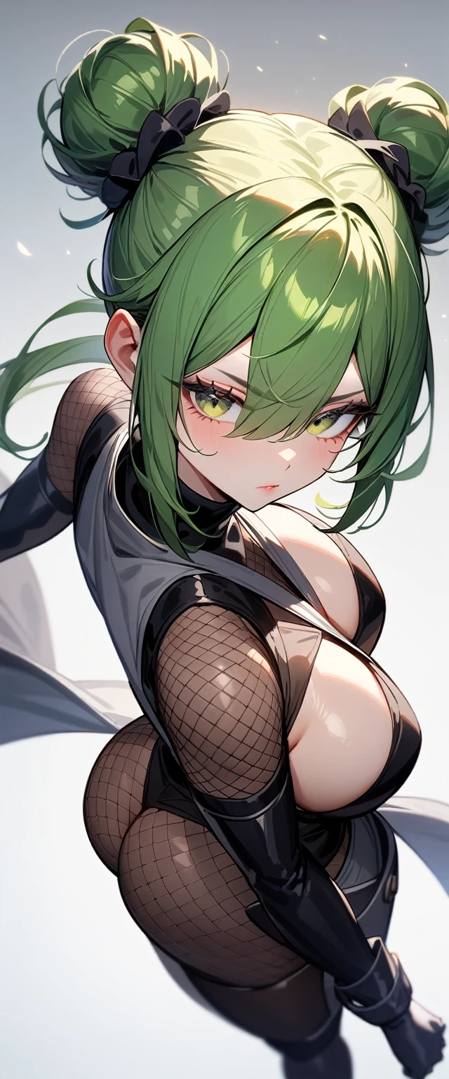 1girl,solo,super detailed skin,shiny skin,expressionless face,green hair,sidelocks,double bun,half open eye,eyelashes,lips gloss ,large breasts,asymmetry body suit,Shinobi clothes,black boots,fishnet,standing ,asymmetry butt see-through ,simple background ,from behind ,wind magically ,masterpiece,best quality,ultra detailed,high resolution,sharp focus