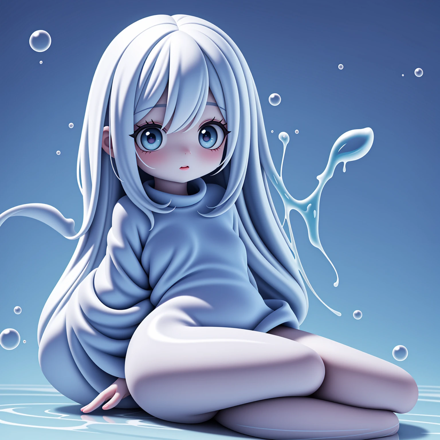Cute girl , sitting, picture only dark blue and white, vulva reveal, colorless skin color, white skin color, girl, dark blue, long straight hair, dark blue hair, hot, vulva reveal, full character, hot, cute eyes, big eyes, big black pupils, cute big pupils, vulva reveal, blue liquid came out vulva dripping, non clothed