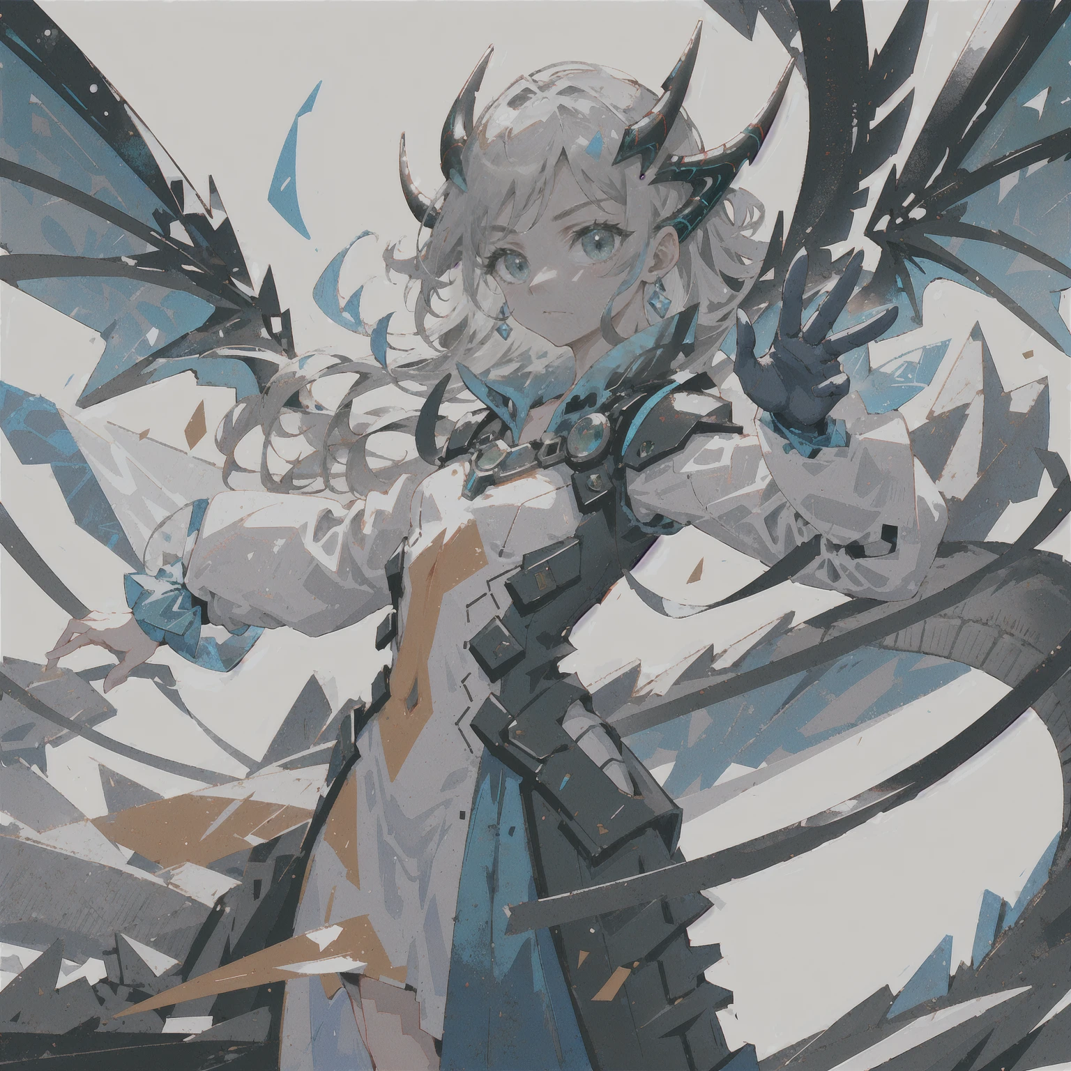 illustration, 1girl, solo, half body, (dynamic pose:1.4), Mecha, machine, single tail, Mechanical body, detailed background, dynamic lighting Dragon wings, dragon tail, dragon horns, (green:1.4), (grey:1.5), (face focus, close-up:1.6)
