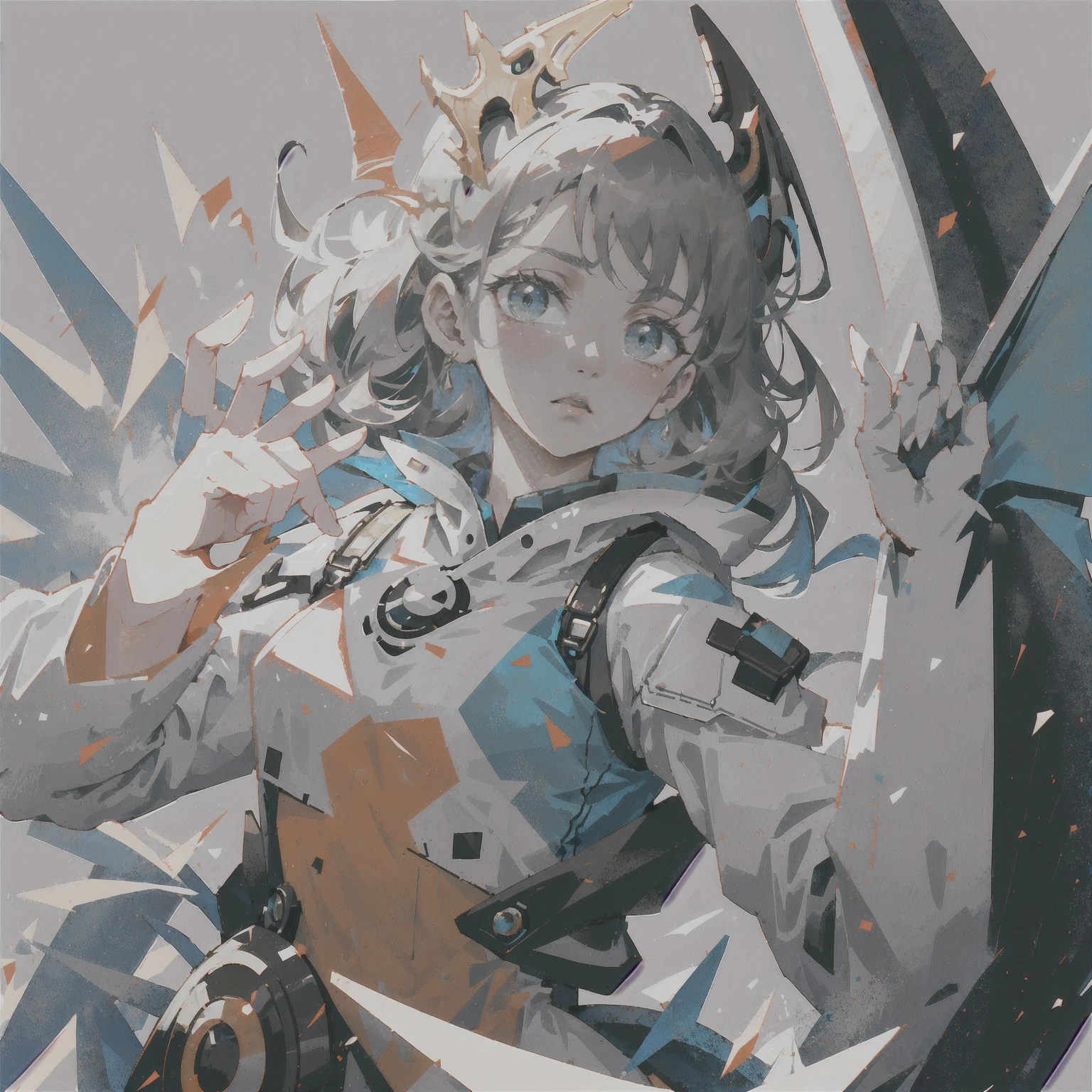 illustration, 1girl, solo, half body, (dynamic pose:1.4), Mecha, machine, single tail, Mechanical body, detailed background, dynamic lighting Dragon wings, dragon tail, dragon horns, (green:1.4), (grey:1.5), (face focus, close-up:1.6)