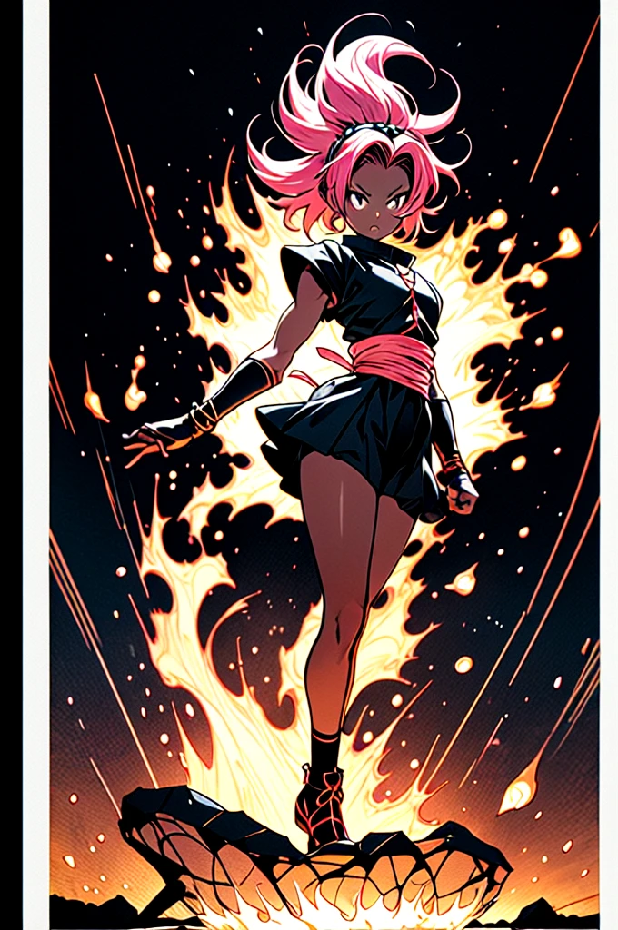 manga style, classical, art by akira toriyama, absurdres,1girl, gradient hair, pink hair, dark skinned,short Knight outfit,swinging a blazing fire katana,full body shot,detail medieval daungon backgroung 