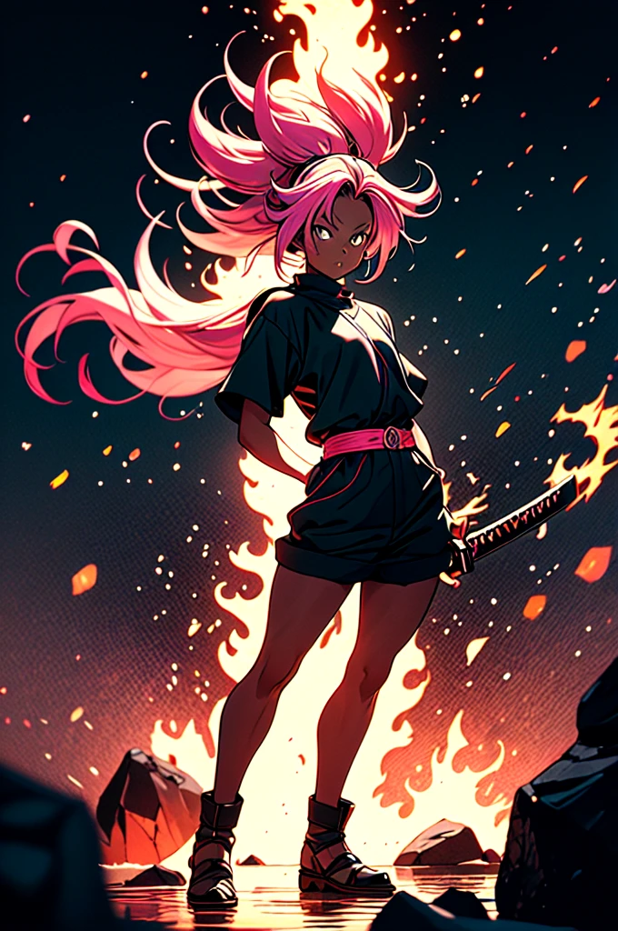 manga style, classical, art by akira toriyama, absurdres,1girl, gradient hair, pink hair, dark skinned,short Knight outfit,swinging a blazing fire katana,full body shot,detail medieval daungon backgroung 