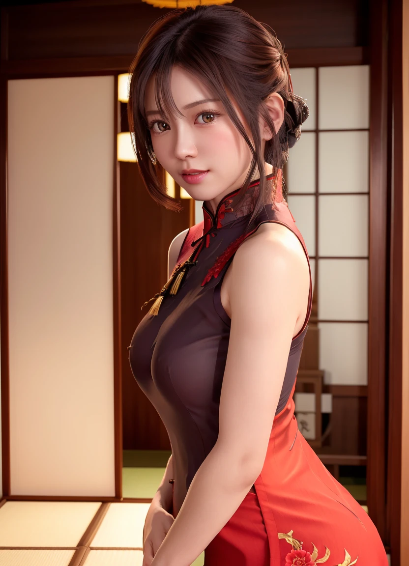 (8K, Photorealistic, Raw photo, of the highest quality: 1.3), (nsfw), (1girl in), Super beautiful, (Realistic face), (boyish, Silver Color Berry Shorthair), Beautiful, (wearing a red cheongsam:1.5)、Glare that captivates the viewer, Beautiful expression, Beautiful breasts, (Realistic skin), (small breasts), (slim body, full body), blush, eye smile, (in Japanese traditional hotel room、tatami room),