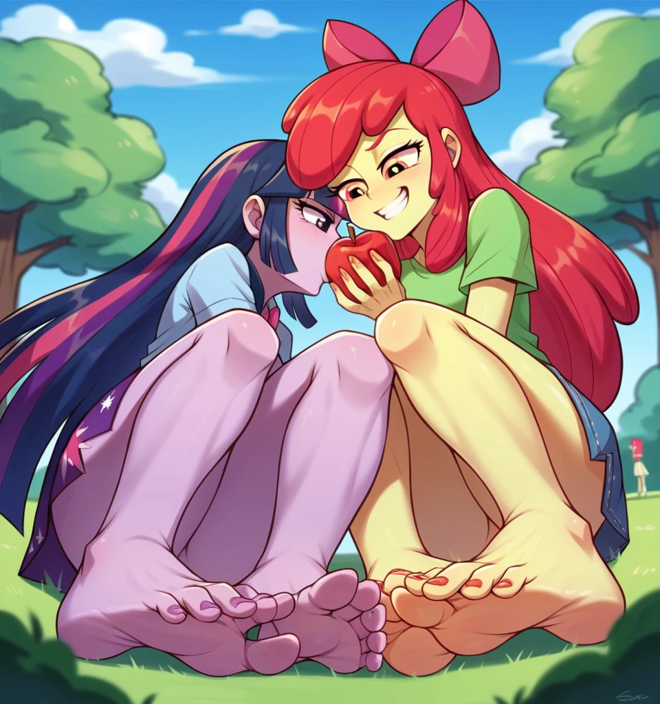 ((High Quality Image 10k)) ((Perfect Cartoon Autonomy 10k)) Masterpiece, Twilight Sparkle and Apple Bloom are naked, two girls only, (below 1.2) Apple Bloom is letting Twilight Sparkle Suck on her big Feet at the park, Twilight Sparkle and Apple Bloom Equestria Girls, Twilight Sparkle is enjoying herself While sucking on Apple Blooms feet, Apple Bloom has a smug grin on her face While Twilight Sparkle is enjoying Sucking on Apple Blooms Feet, Twilight Sparkle and Apple Bloom, cuerpo completo, high resolusion