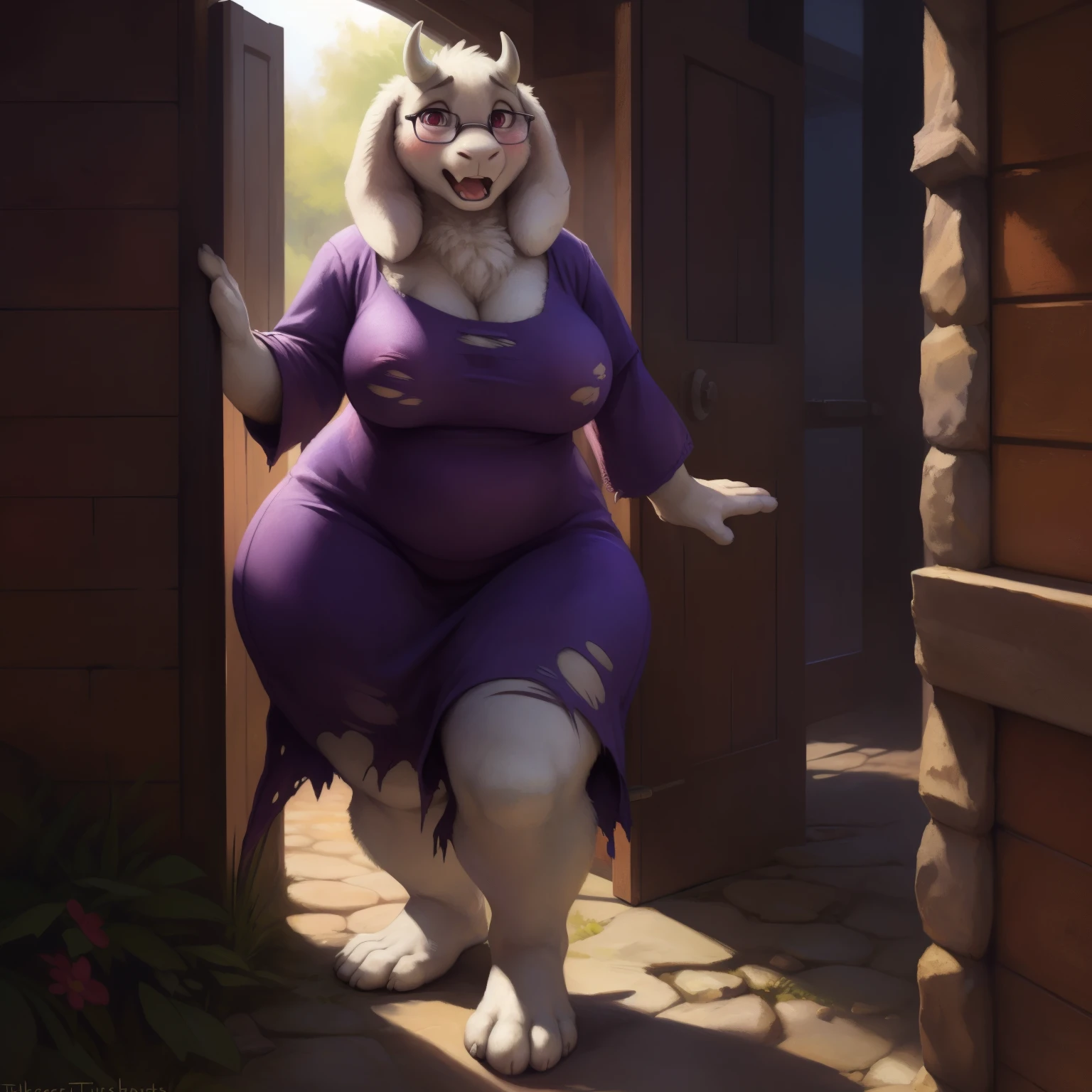 [toriel], [Undertale], [Uploaded to e621.net; (Pixelsketcher), (wamudraws), (woolrool)], ((masterpiece)), ((HD)), ((high quality)), ((solo portrait)), ((front view)), ((feet visible)), ((furry; anthro)), ((detailed fur)), ((detailed shading)), ((beautiful render art)), ((intricate details)), adult, mature, {anthro goat; white fur, white nose, (cute maroon eyes), (short eyelashes), (short goat horn), short fluffy tail, (big ), (gorgeous wide hips), (thick thighs), (kenket), (open mouth, blush, glasses), (surprise), (frown)}, {(big , big , big , nipple outline), (dress, purple dress:1.2, torn clothes, cum in pussy), (big butt), (white rune on chest)}, {(standing)), (arms behnd body), (looking at viewer)}, [background; (stone hallway), (ambient lighting)]
