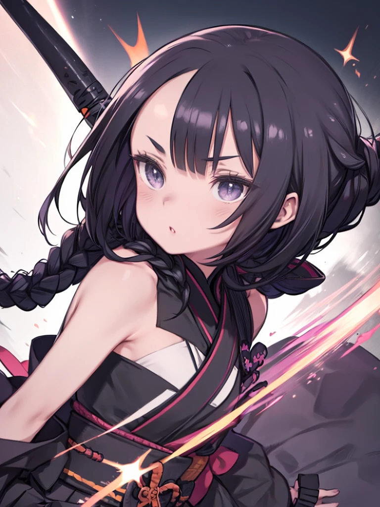 Ninja, Black Hair, Teen, stockings, Iris, Bangs split in two、Forehead、amount、Braids、 girl, Shuriken, Small breasts, kimono, skirt、Black Costume、△ Mouth V Eyebrows、Watching the audience、Upper Body、night、Combat Ready、