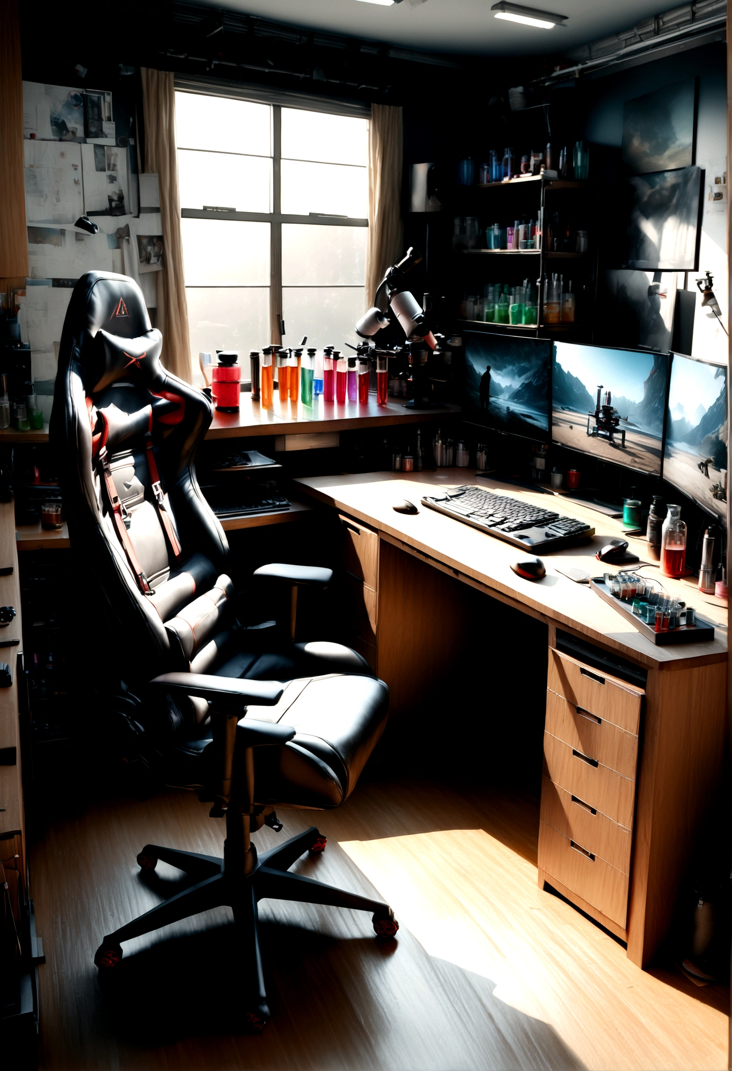 man gaming setup, computer, desk, gaming chair, gaming peripherals, science laboratory, laboratory equipment, test tubes, beakers, microscope, (best quality,4k,8k,highres,masterpiece:1.2),ultra-detailed,(realistic,photorealistic,photo-realistic:1.37),digital art, cinematic lighting, vibrant colors, dynamic composition