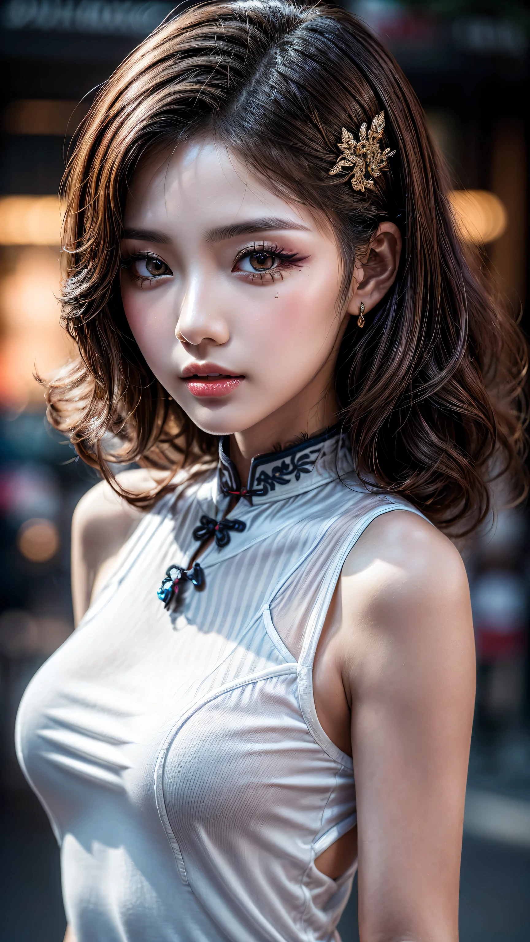 (absurd quality,16k,highres,masterpiece:1.2), ultra details,UHD,(photorealistic Realism 16K Quality), (1woman:1.3 22-year-old), (best detail quality, realistic texture: skin, hair), (the most absurd quality perfect eyes), (super beautiful cute sharp-face), (light pale complexion), (clear no blur and sharp perfect round realistic brown_eyes:1.35), finely detailed pupils, detailed lips:1.3, BREAK,. ((Fujicolor、daytime soft lighting)、fashion supermodel、((curly heban hair (slicked to the two side) Intricately detailed:1.35)),. BREAK, (pink_makeup:1.25),. BREAK,. ((Classic and sexy ((white)) cheongsam)、Detailed blue decoration:1.25)),. BREAK,. (Fitted clothing:1.3)、dynamic pose、((close-up of her face:1.28)), (no decorations in the hair), (dark shot:1.4),