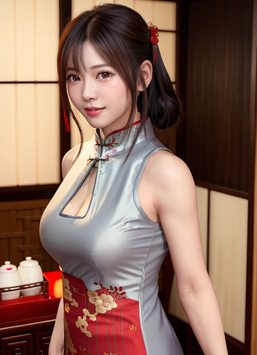 (8K, Photorealistic, Raw photo, of the highest quality: 1.3), (nsfw), (1girl in), Super beautiful, (Realistic face), (boyish, Silver Color Berry Shorthair), Beautiful, (wearing a red cheongsam, chinese traditional dress:1.5)、Glare that captivates the viewer, Beautiful expression, Beautiful breasts, (Realistic skin), (small breasts), (slim body, full body), blush, eye smile, (in Japanese traditional hotel room、tatami room),