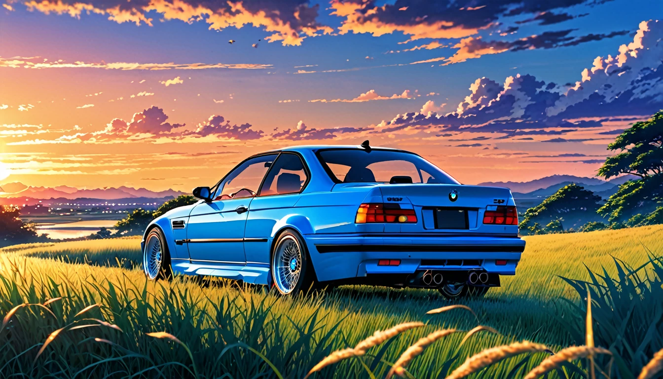 A classic BMW M3 E36 sports car in ABS blue、Anime scenery of a girl sitting in tall grass with a sunset in the background.Beautiful anime scene, Beautiful anime peace scenes, Makoto Shinkai Cyril Rolland, Beautiful anime scene, Awesome Wallpapers, Anime Art Wallpapers 8K, Anime Background, artistic Anime Background, anime wallpaper 4k, Anime Art 4K Wallpaper, Anime Wallpaper Art 4k,