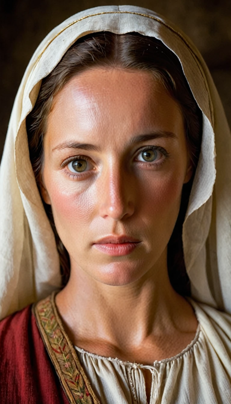 Frontal portrait (from the front) Mary, Mother of Jesus, capturing her face. period lighting and senario (simple peasant style clothing)