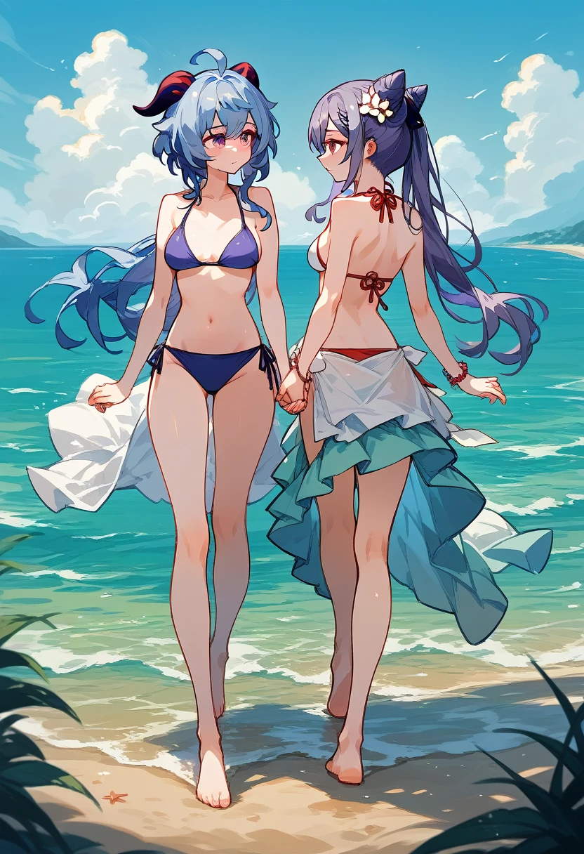 Genshin impact, 2 women, Yuri, purple hair keqing, ganyu, bikini, beach, walking, takes hands