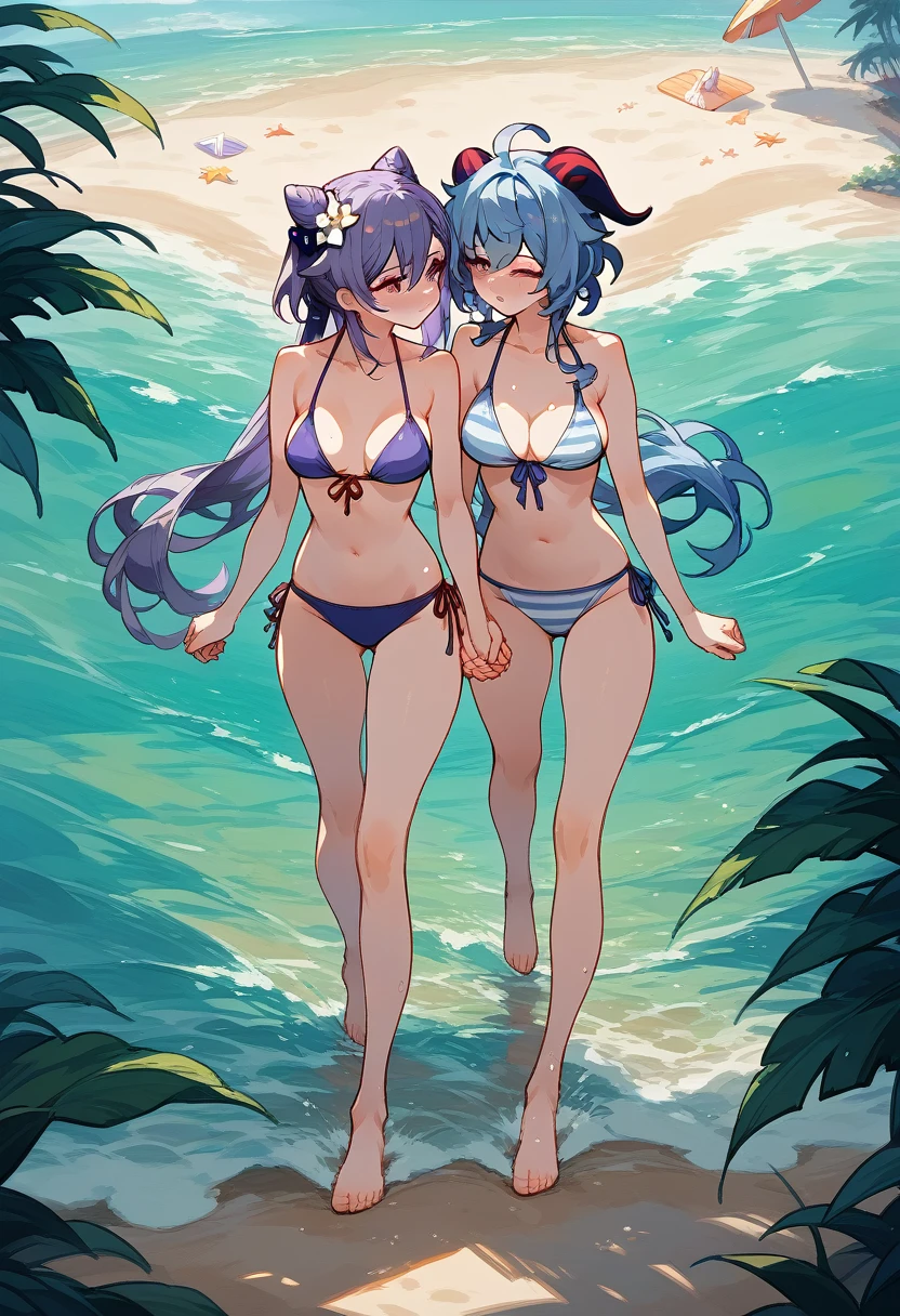 Genshin impact, 2 women, Yuri, purple hair keqing, ganyu, bikini, beach, walking, takes hands