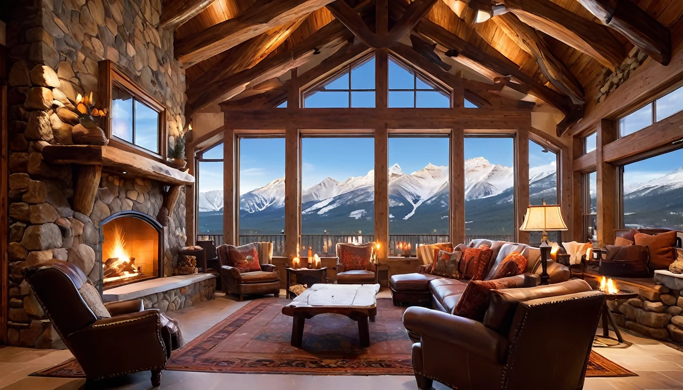 A quaint, snow-covered ski lodge nestled in the Rockies. The fire crackles in the fireplace with a metal screen, casting a warm glow over rustic wooden beams and comfy armchairs with a grand window that overlooked the snowy landscape. A dinner table nearby the hearth room