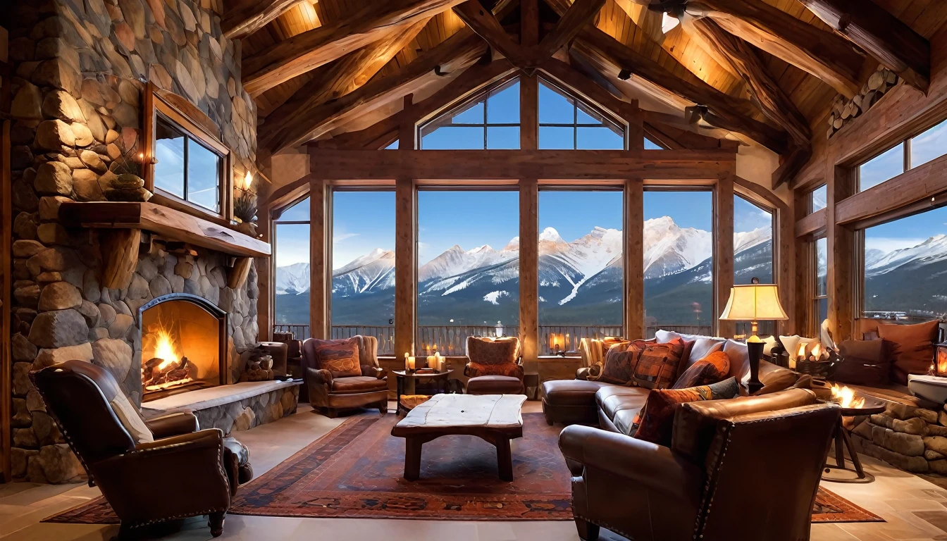 A quaint, snow-covered ski lodge nestled in the Rockies. The fire crackles in the fireplace with a metal screen, casting a warm glow over rustic wooden beams and comfy armchairs with a grand window that overlooked the snowy landscape. A dinner table nearby the hearth room