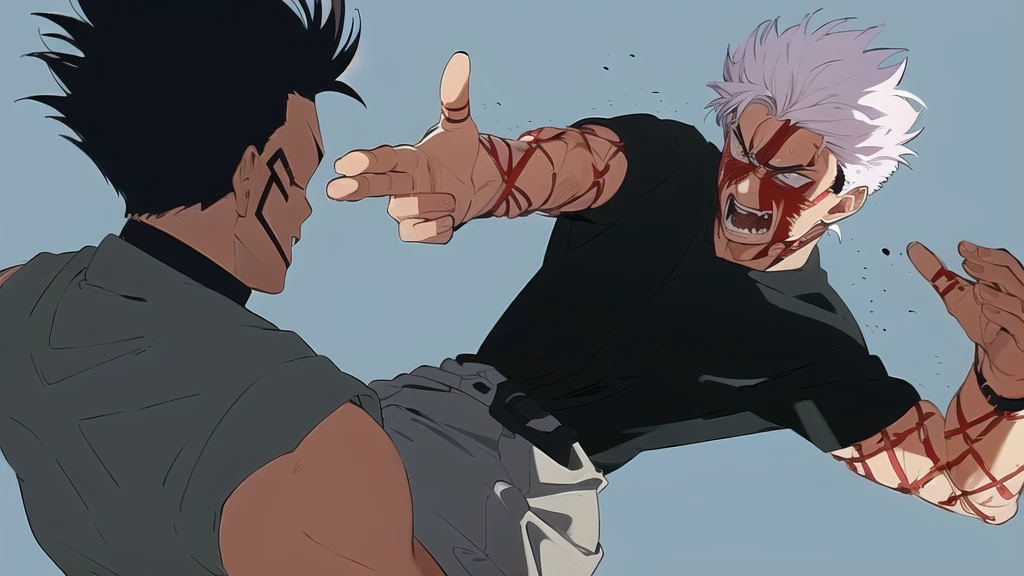 anime characters are fighting with each other in a fight, close-up fight, anime fight, pain from naruto, badass anime 8 k, jujutsu kaisen, fight scene, epic anime style, modern anime style, very modern anime style, fighting scene, clean detailed anime style, trigger anime artstyle, striking manga artstyle, colored manga panel