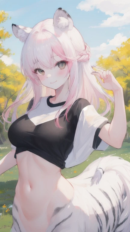 (best quality, masterpiece), 1 girl, centaur, It takes, White skin, Korean ,daughter,black pink,Smiling, exposing the abdomen, belly button t-shirt , 아름다운 소녀 Perfect wild white tiger photo, Perfect wild white tiger photo