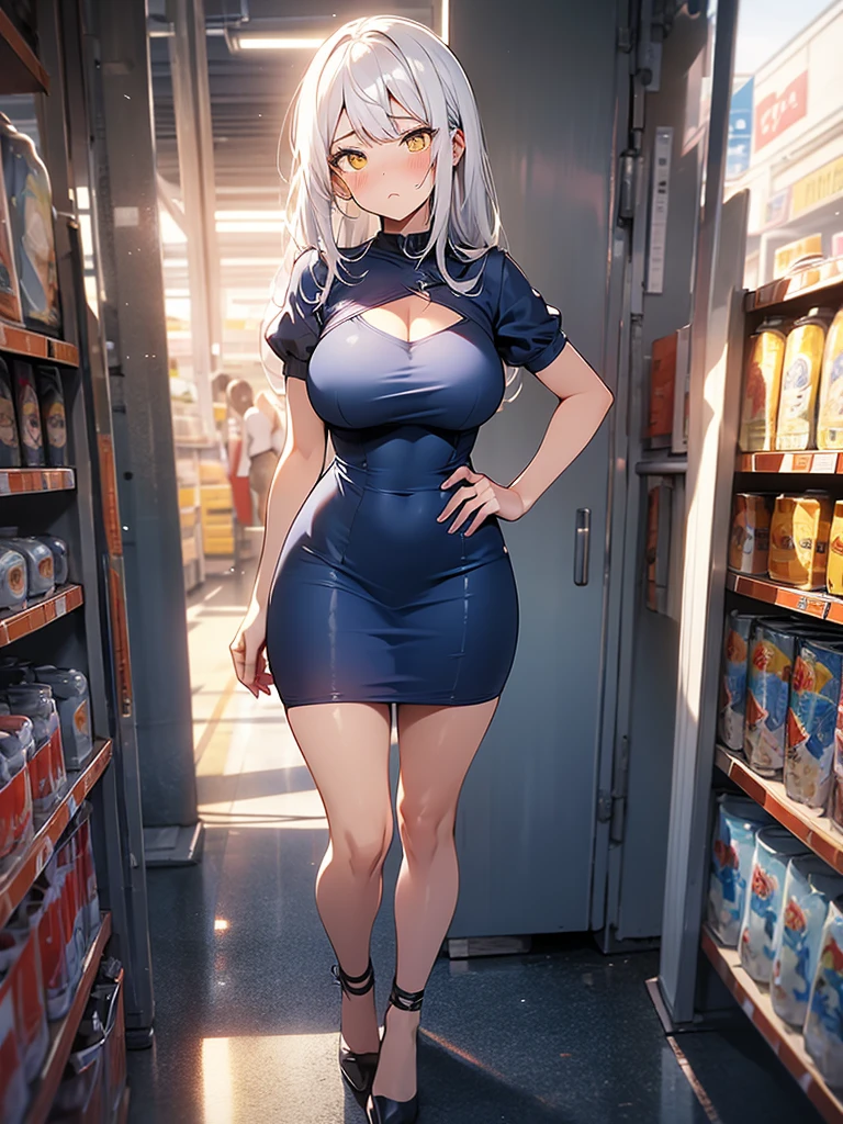 8K, Girl, solo, Full Body, Long hair, white hair, Yellow eyes, Sad mouth, blush, nervous, detailed face, Breasts, big Breasts, large Breasts, big Butt, Short dress, Tiny dress, Dark BLUE dress, tight dress, in a public walmart