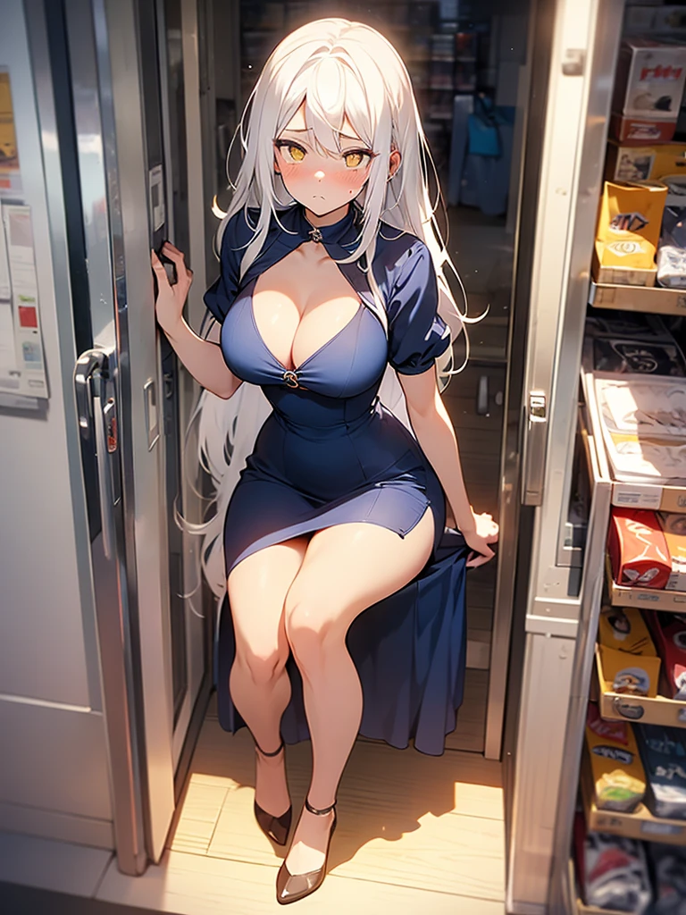 8K, Girl, solo, Full Body, Long hair, white hair, Yellow eyes, Sad mouth, blush, nervous, detailed face, Breasts, big Breasts, large Breasts, big Butt, Short dress, Tiny dress, Dark BLUE dress, tight dress, in a public walmart