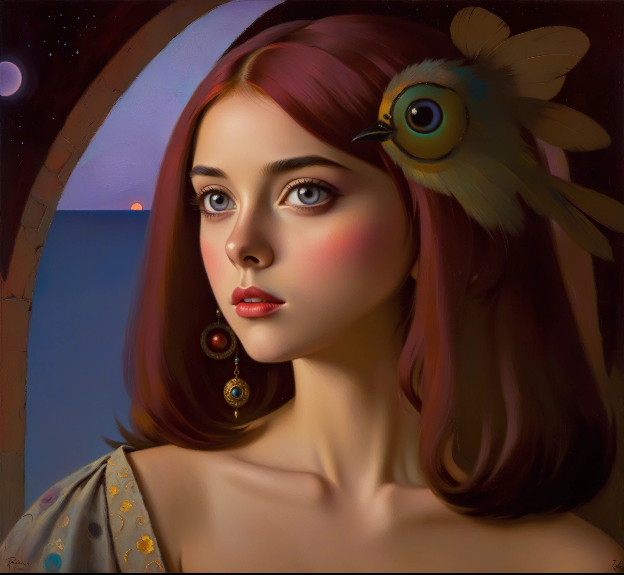 [(front portrait: pretty teen girl  with big eyes and a short red bob)((Mordecai-Ardon style)))::20]/[background:landscape
 Baroque (moonlight sunset), style Rafael Santi], naive art, primitivism, protogen, crimson/liliac, very colorful,((oil painting)),((masterpiece)),single shot