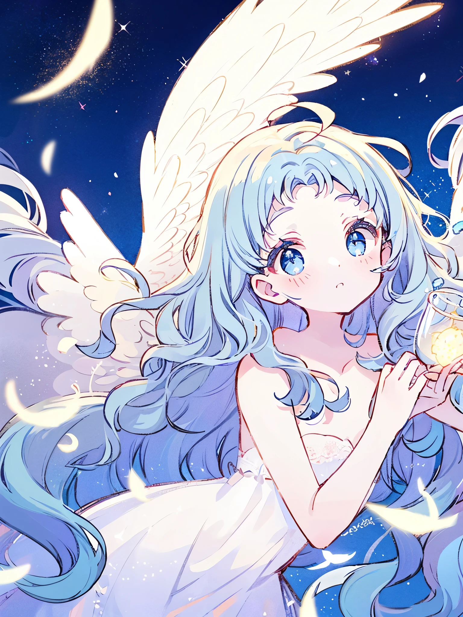 nude angel girl wearing an ethereal translucent dress, pale skin, ((blue mint wavy hair)), white feathers, angel wings, sparkling detailed eyes, golden ratio face, perfect composition, highly detailed, ethereal, (starry night sky background), midjourney style