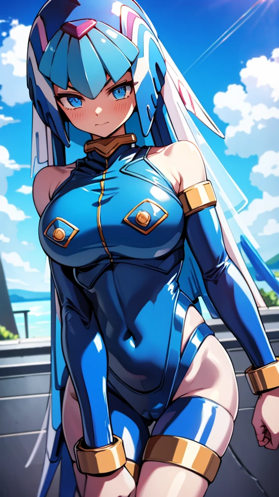 Leviathan_Megamanz, 1 Girl ,Looking at the viewer , blue hair, Blue eyes,Clouds background , Blushed , , Wedding ring, Glasses, Condom with semen in his hand , Latex suit