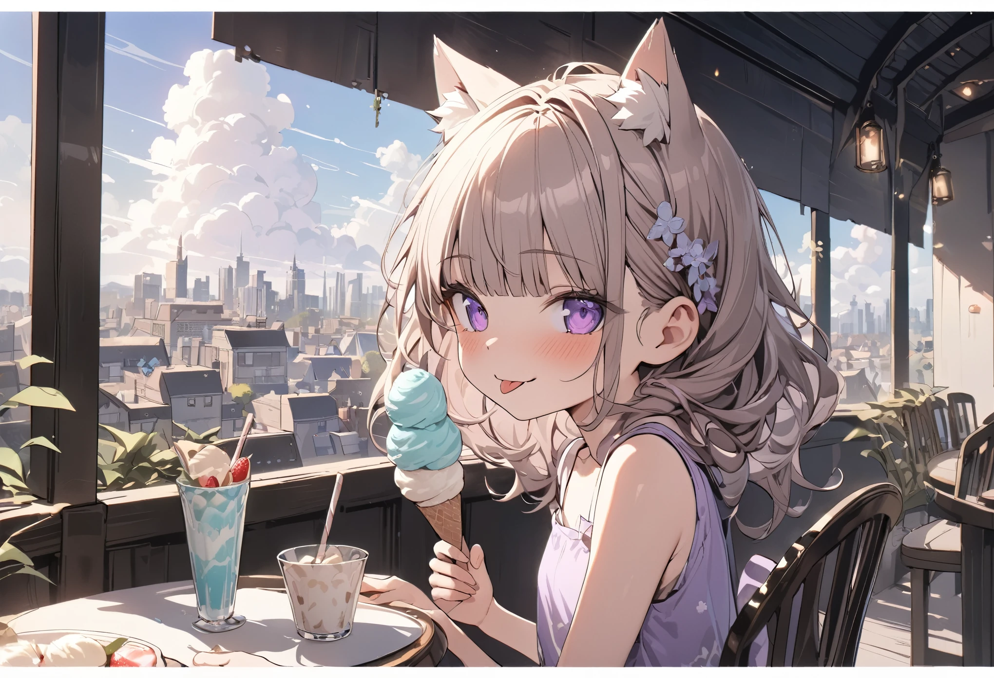 ((Masterpiece)), ((best quality)), ((kawaii)), ((extremely detailed)), 4K, (8K), (super detail:1.2), (High Definition:1.3), (Professional Photography:1.2), cinematic lighting, (very aesthetic:1.2), (absurdres:1.2), (wide shot), (sharp focus), (perfect light), ((1girl)),((s old)), cute young girl, (naughty smile), ((sticking out tongue)), (Beautiful deep purple eyes:1.2), (put on cat ears), girl, (Embroidered cute tanktop), small breast, Healthy skin, (Healthy slim body), shortpants, pudgy cheeks, BREAK, ((best quality)), (very aesthetic:1.2), (absurdres:1.2), ((extremely detailed)), (loose blunt bangs), ((Beautiful Silky hair)), medium hair, ((beautiful pale brown hair)), 🌈, ((Eating vanilla ice cream)), loose sitting on chair, ice cream on the café terrace, (the Midsummer Cafe Terrace), Beautiful cityscape Background, Large Cumulonimbus Clouds, pastel colors clouds, kawaii, cute colors,