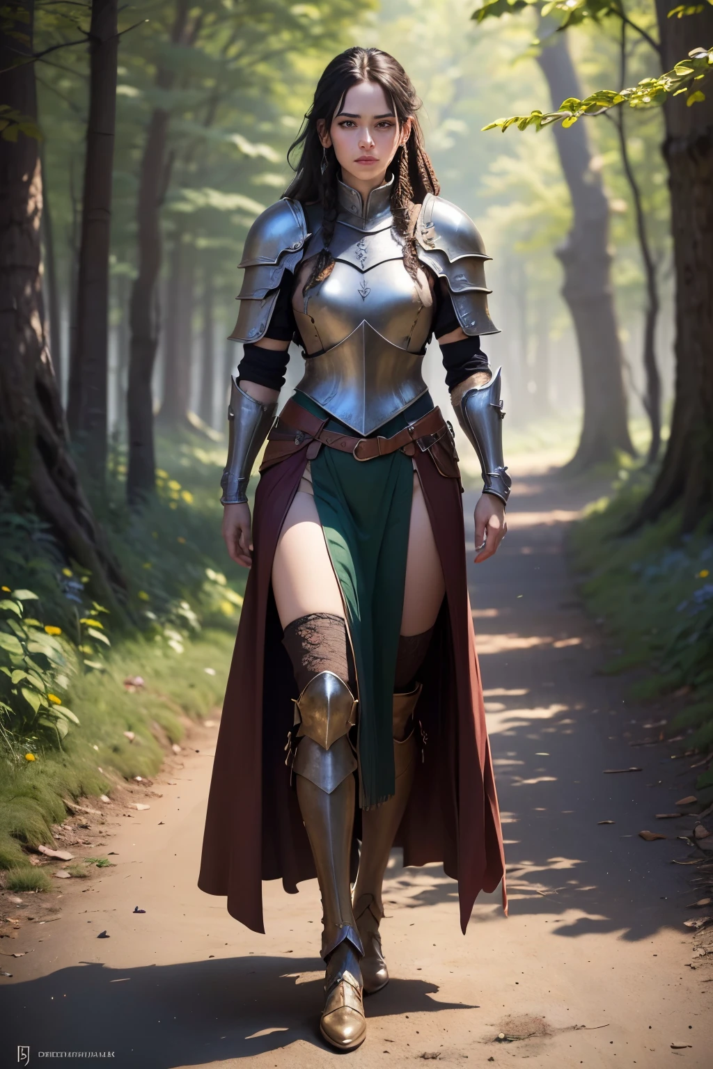 ((best quality)), ((masterpiece)), (detailed), Prize-winning works, with incredible details, maximum textures and details, uhd ,8K,super resolution ,depth of field, retina, masterpiece, textured skin, super detail, high details, highres ,(Numerous prize-winning works, with incredible details, maximum textures and details), (hyperrealisti:1.4), (Full-body image:1.8),((Fantasy world)), 1 Soldier with dark brown dreadlocks , detailedeyes ,face detailed ,green stubble, Using plate armor, Standing in a fantasy valley, wearing a robe, Coraggioso, Tolkien, Lord of the Rings