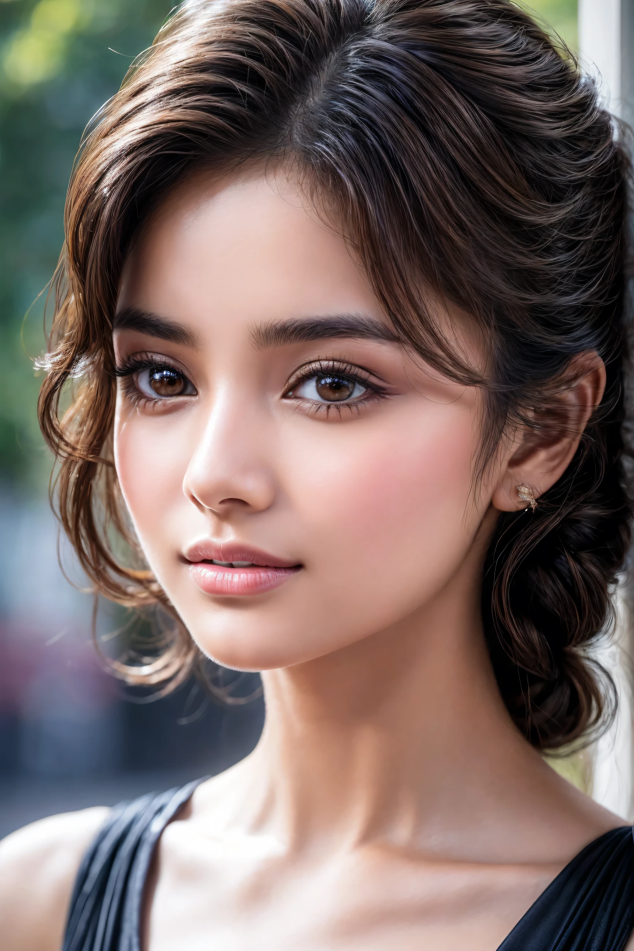 (absurd quality,16k,highres,masterpiece:1.2), ultra details,UHD,(photorealistic Realism 16K Quality), A breathtakingly beautiful 18-year-old girl named Anikha, who is the epitome of elegance and charm. She stands out as the central focus of this ultra-detailed, 8K resolution masterpiece and a UHD rating of 1.3. Her delicate facial features are captured with a stunning realism that's amplified by a majestic,  making her appear as if she's stepped out of a high-definition dream. Her skin glows with a soft blush, perfectly accentuating her detailed, natural beauty. (the most absurd quality perfect eyes), (super beautiful cute sharp-face), ((clear no blur and sharp perfect round realistic brown_eyes:1.28)), finely detailed pupils, detailed lips:1.3, reflecting the cinematic lighting that surrounds her. They are so realistic and sharp that they seem to hold secrets of the universe within them. Her long shining hair are adorned with a hair ornament that adds an extra touch of elegance to her already flawless look. The background, a canvas of blurred perfection for background blur, showcases an intricate  design that complements the overall aesthetic without overwhelming the main subject.
