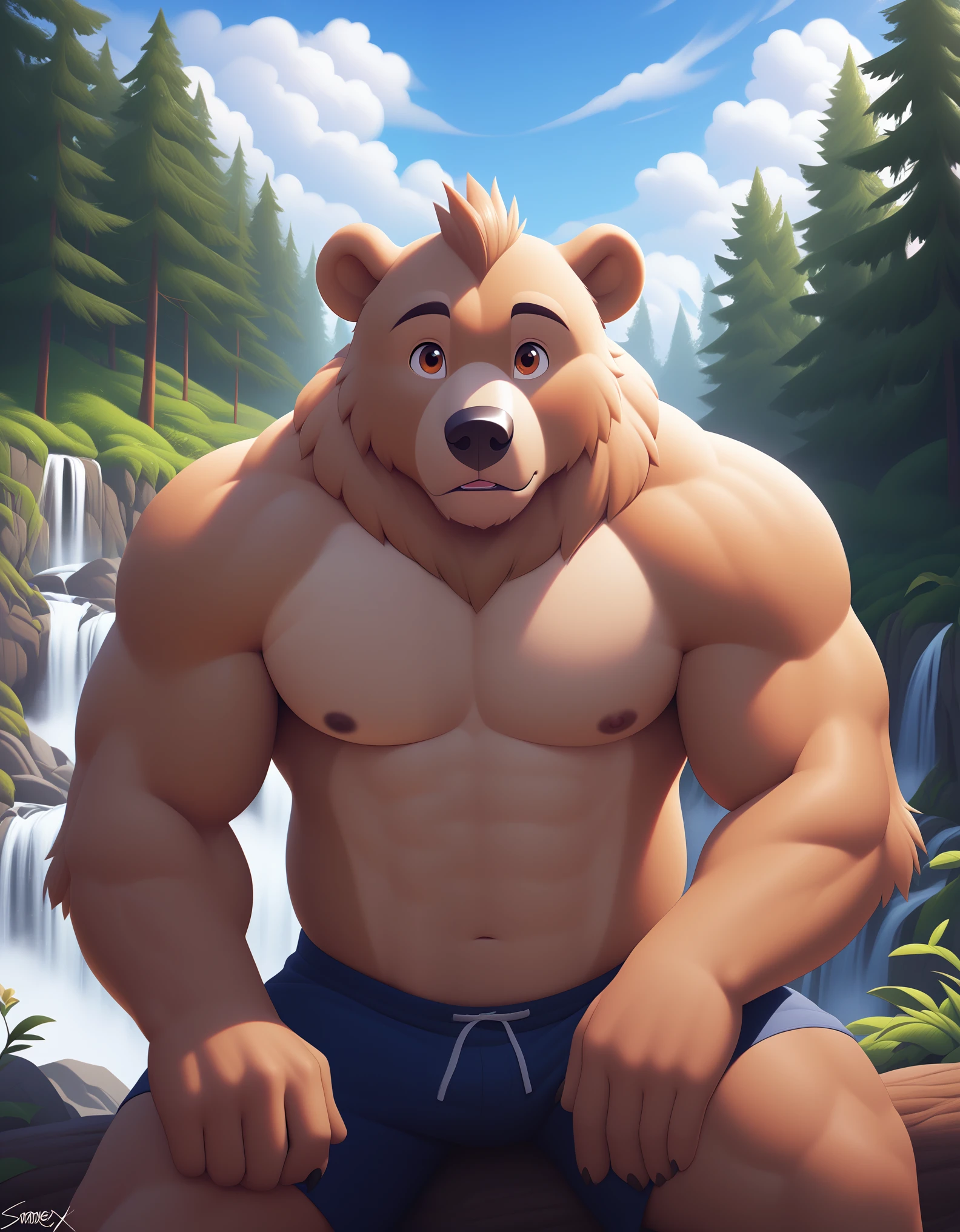 score_9, score_8_up, score_7_up, source_furry, rating_safe, by sigma_x, anthro, solo, male, brown body, brown eyes, bear, white body, Humanoid, Forest, sky,