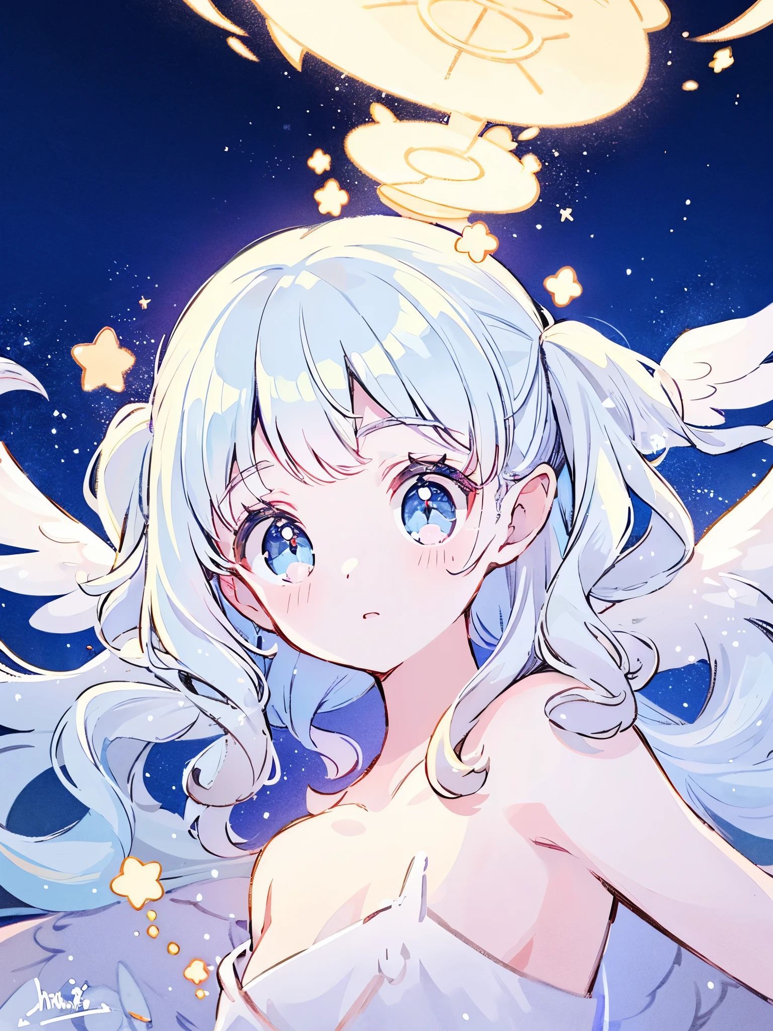 nude angel girl wearing an ethereal translucent dress, pale skin, ((blue mint wavy hair)), white feathers, angel wings, sparkling detailed eyes, golden ratio face, perfect composition, highly detailed, ethereal, (starry night sky background), midjourney style