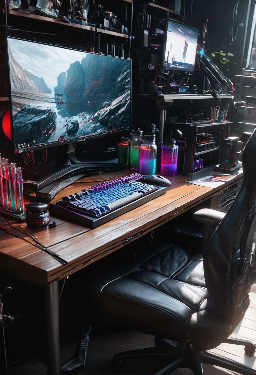 man gaming setup, computer, desk, gaming chair, gaming peripherals, science laboratory, laboratory equipment, test tubes, beakers, microscope, (best quality,4k,8k,highres,masterpiece:1.2),ultra-detailed,(realistic,photorealistic,photo-realistic:1.37),digital art, cinematic lighting, vibrant colors, dynamic composition