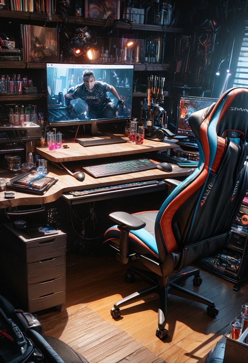 man gaming setup, computer, desk, gaming chair, gaming peripherals, science laboratory, laboratory equipment, test tubes, beakers, microscope, (best quality,4k,8k,highres,masterpiece:1.2),ultra-detailed,(realistic,photorealistic,photo-realistic:1.37),digital art, cinematic lighting, vibrant colors, dynamic composition