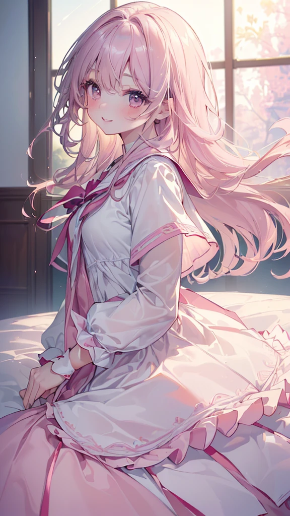 (((Highest quality、masterpiece、Ultra-fine、Ultra-fine、Exquisite、16K、Full HD,Asahi,high school girl,))) 、Dark Eyes、Long eyelashes、White skin、(Pale pink lips、Pale pink cheeks、thin and long)、 ((cute)) ((One person)) 、((Top view,profile,The best smile)) 、(Wide Shot、epic proportion)、