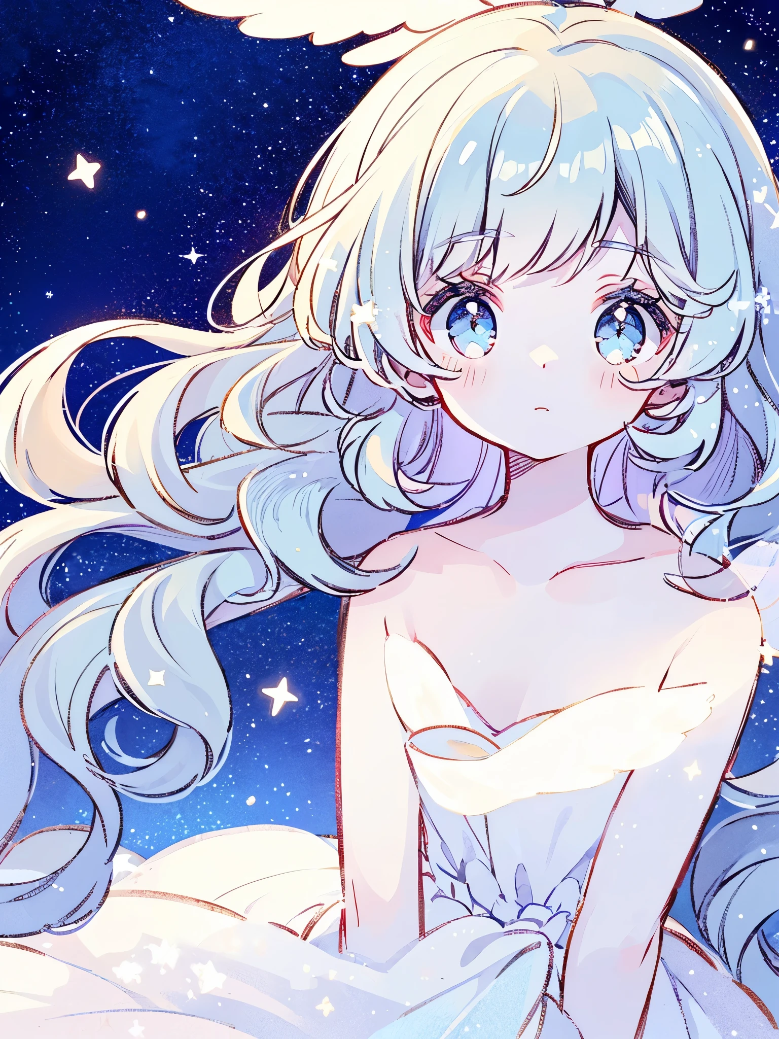 nude angel girl wearing an ethereal translucent dress, pale skin, ((blue mint wavy hair)), white feathers, angel wings, sparkling detailed eyes, golden ratio face, perfect composition, highly detailed, ethereal, (starry night sky background), midjourney style