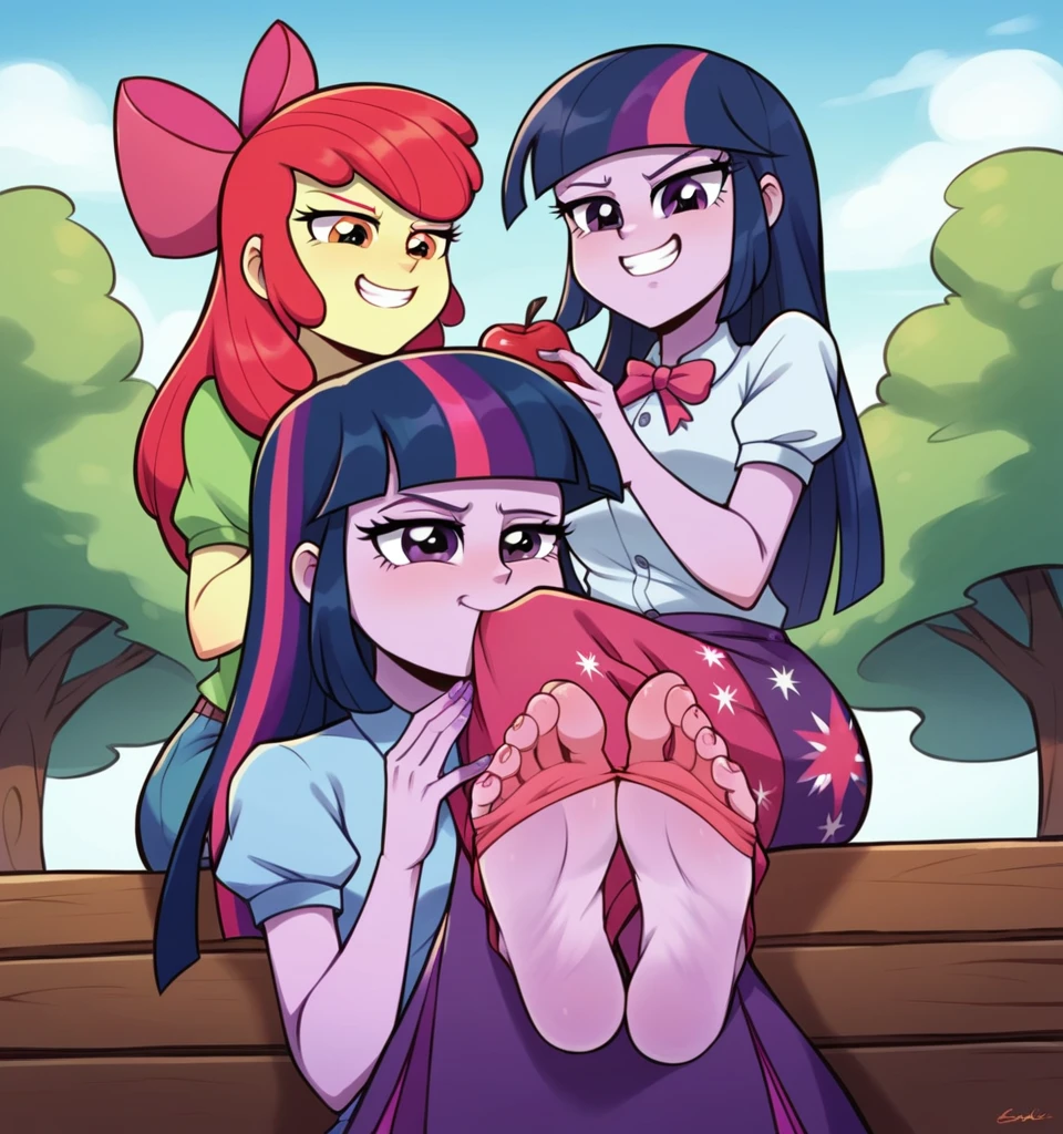 ((High Quality Image 10k)) ((Perfect Cartoon Autonomy 10k)) Masterpiece, Twilight Sparkle and Apple Bloom are naked, two girls only, (below 1.2) Apple Bloom is letting Twilight Sparkle Suck on her big Feet at the park, Twilight Sparkle and Apple Bloom Equestria Girls, Twilight Sparkle is enjoying herself While sucking on Apple Blooms feet, Apple Bloom has a smug grin on her face While Twilight Sparkle is enjoying Sucking on Apple Blooms Feet, Twilight Sparkle and Apple Bloom, cuerpo completo, high resolusion