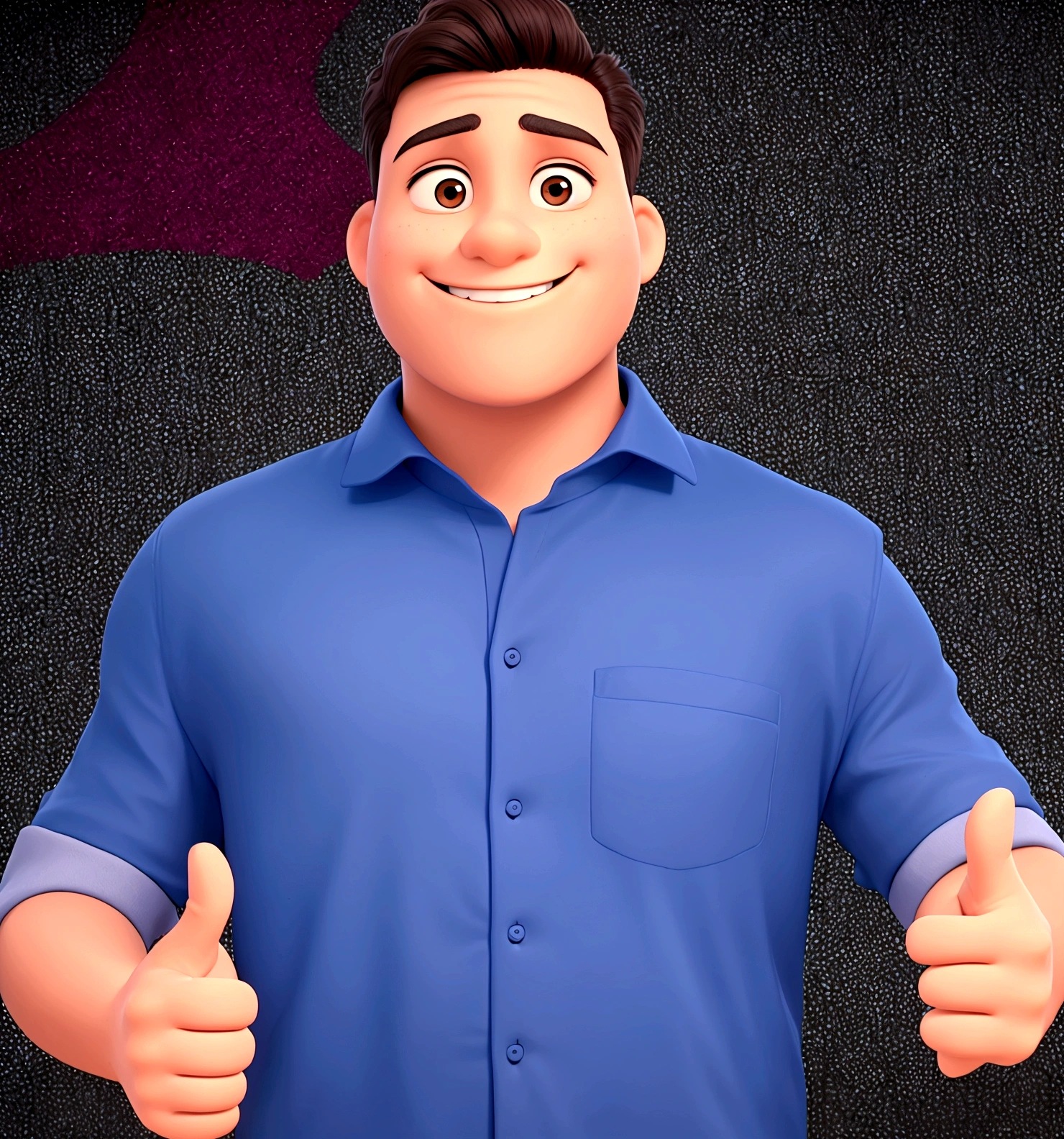 Making a thumbs up sign with both hands, shirt blue, short black hair, smiling and brown skin color.