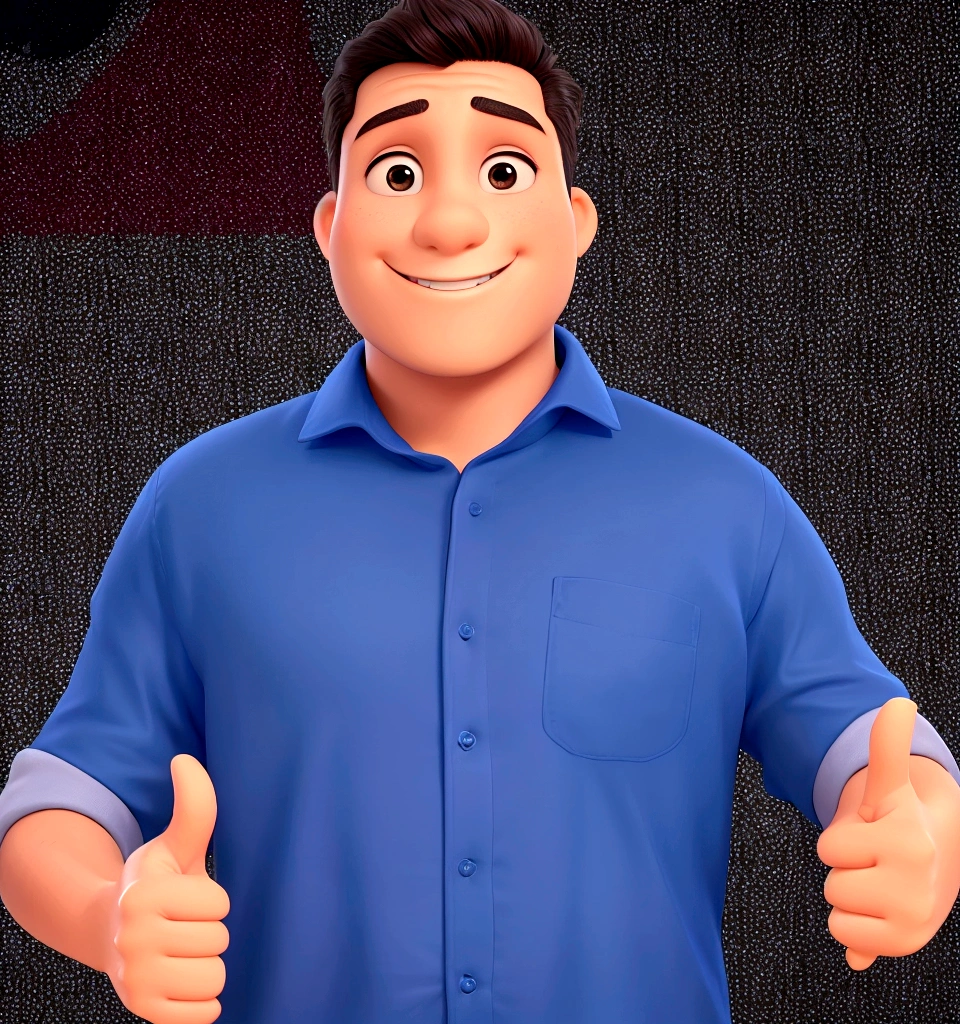 Making a thumbs up sign with both hands, shirt blue, short black hair, smiling and brown skin color.