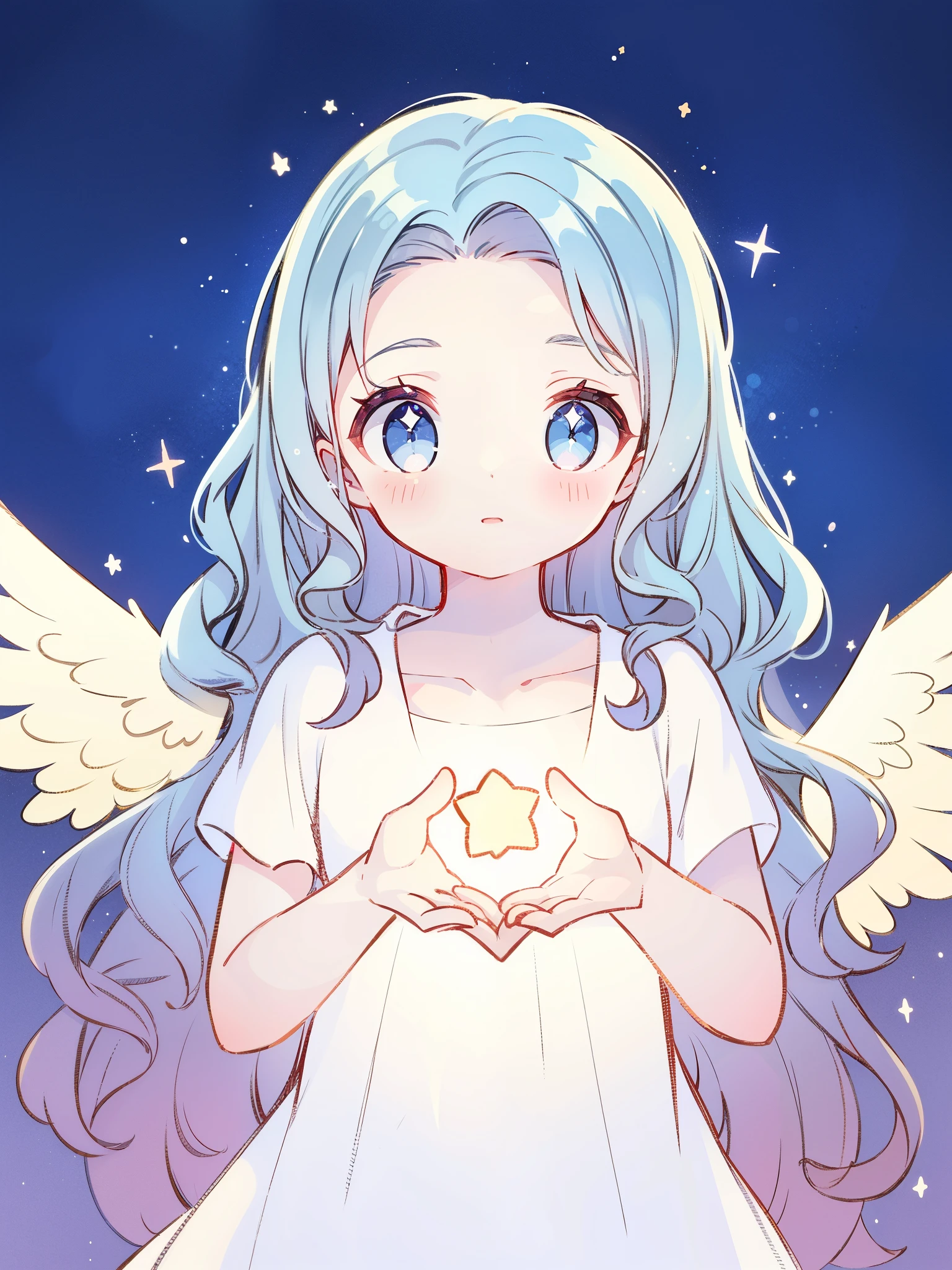 angel girl wearing an ethereal white dress, holding a glowing star in her hands, pale skin, ((blue gradient wavy hair)), white feathers, angel wings, sparkling detailed eyes, golden ratio face, perfect composition, highly detailed, ethereal, (starry night sky background), midjourney style
