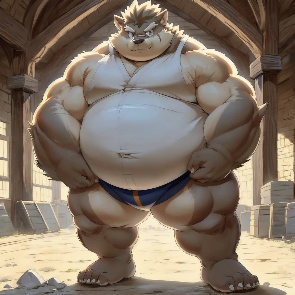 Epic Citizen Zootopia style, My Heroe Academia Character, Dungeons and Dragons style, A poor villager, obese Medieval Fantasy, Real life, Anime serie, Anime character, Obese muscle Obese Sumo wrestler Werebeast Kid, full body pic (obese, strong legs and arms) Sumo wrestler Werebeast Kid. Obese muscle fat kid (bulky, wide, broad shoulders), Citizen obese Werebeast kid,  solo, male, highly detailed, ((detailed face, (detailed eyes:1), detailed)), looking at viewer,portrait, close-up,(digital flat colors:1.1), shaded,good anatomy,(masterpiece:1.3),(best quality:1.4), 4k, hi res,nj5furry, moritaka