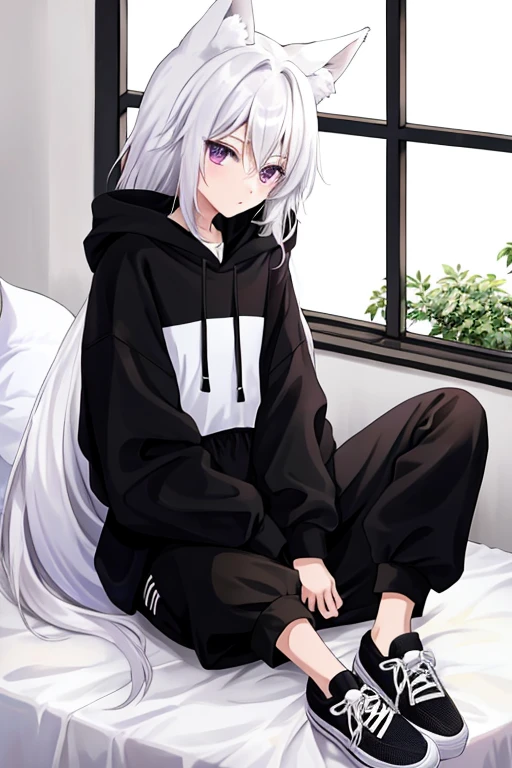 8K, Anime, very thin, 1 girl 15 years old, with white hair not too long, white fox ears, purple eyes, black hoodie, black baggy pants, 1 white fox tail, black sneakers, sitting on the bed, in the house