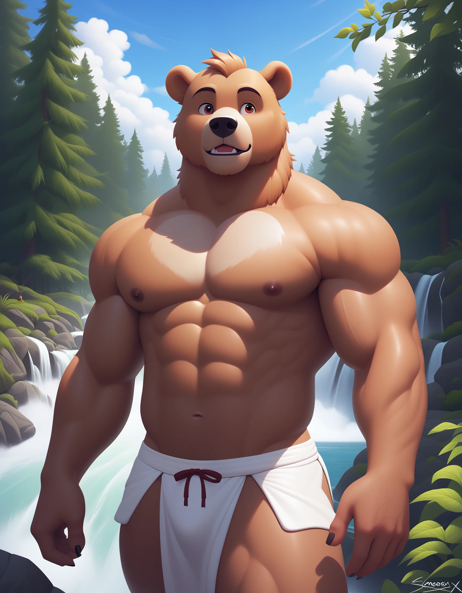 score_9, score_8_up, score_7_up, source_furry, rating_safe, by sigma_x, anthro, solo, male, brown body, brown eyes, bear, white body, Humanoid, Forest, sky,