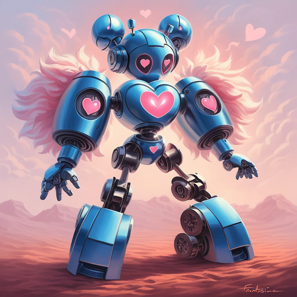 fluffy heart robot in fantastic realism art style