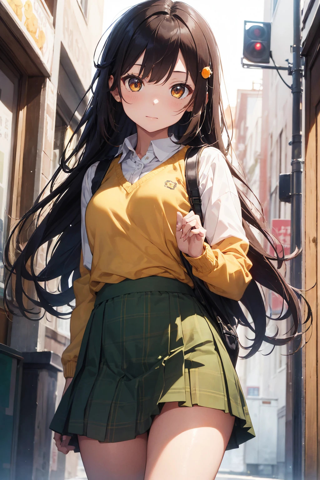(masterpiece, Highest quality:1.2), One girl, alone,Are standing_Split,
Yuki mandarin orange, Brown eyes, Brown Hair, hair ornaments,Long Hair,Green Check Skirt, Sainan High , , White shirt, Yellow sweater vest,No panties