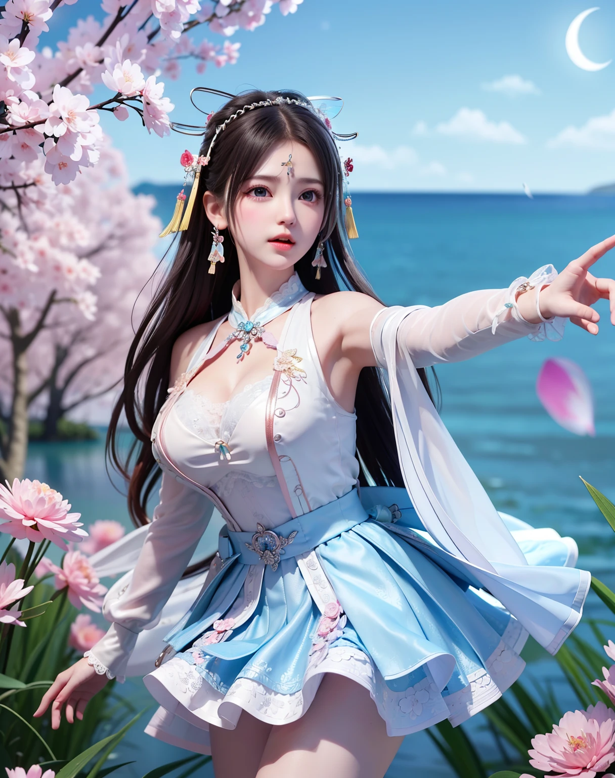(8k, RAW photo:1.2), best quality, ultra high res,dramatic angle,(fluttered detailed color splashs), (illustration),(((1 girl))),(long hair),(rain:0.9), (Headdress:1.4),There is an ancient palace beside the girl,Hanfu,(Key Points),Color ink painting,(Splash of Color),Splash of Color,(((colorful))),(sketch:0.8) , Masterpiece, best quality, beautiful painted, highly detailed,(denoising:0.6),[splash ink],((ink refraction)), (beautiful detailed sky),moon,highly,detaild,(masterpiece, best quality, extremely detailed） CG Unity 8k Wallpaper，masterpiece，best quality，Ultra Detailed），（Lycoris）.shoulder ballet dress open V-chested clothes Thin silk lace dress short skirt , (huge ，cleavage),, white pink, blue ，best qualtiy，tmasterpiece，Ultra-high resolution，（Reality：1.4），RAW photogr，（True skin texture：1.3），（filmgrain：1.3），（Selfie angle），1个Giant Breast Girl，Beautiful eye and face details，tmasterpiece，Best quality at best，，The chest more exposed， detailed hair, bra pink , detail 8k, full body, lace petticoat