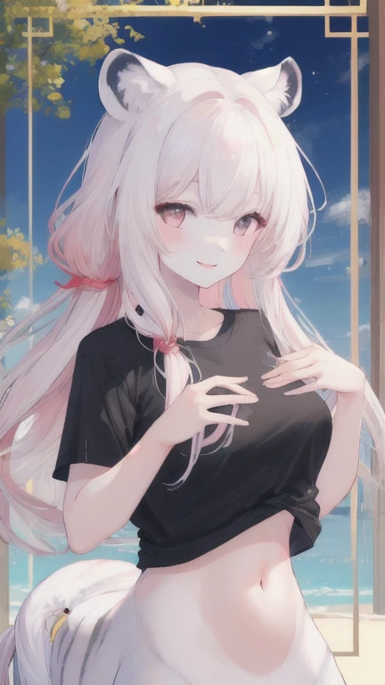(best quality, masterpiece), 1 girl, centaur, It takes, White skin, Korean ,daughter,black pink,Smiling, exposing the abdomen, belly button t-shirt , 아름다운 소녀 Perfect wild white tiger photo, Perfect wild white tiger photo